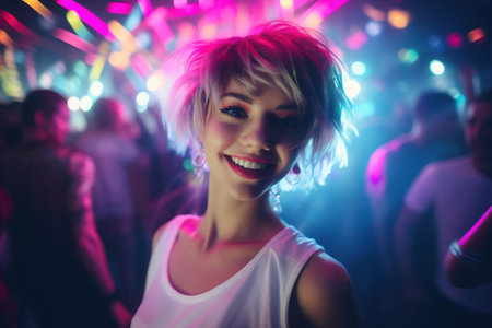 Portrait of a beautiful young woman dancing in a nightclub at a partyの素材