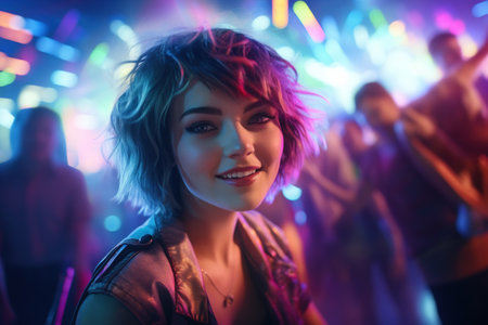 Portrait of a beautiful young woman dancing in a nightclub. Disco club.の素材
