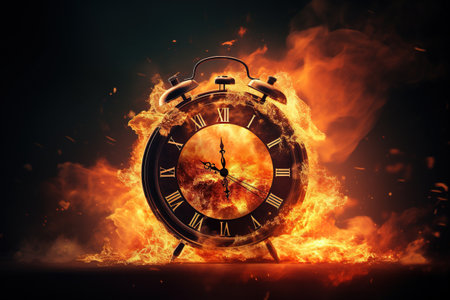 Burning alarm clock on dark background. Time is running out conceptの素材