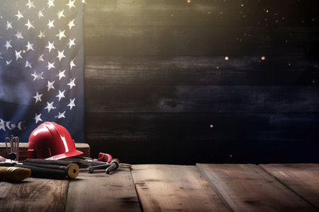 American flag and construction tools on wooden background. Labor day concept.の素材