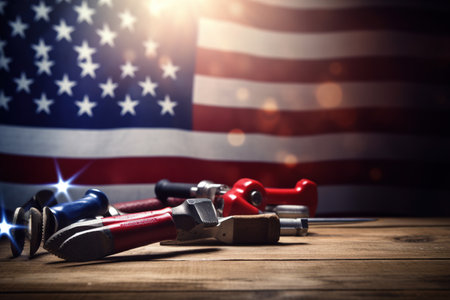 Plumber tools on a wooden table against the background of the American flagの素材