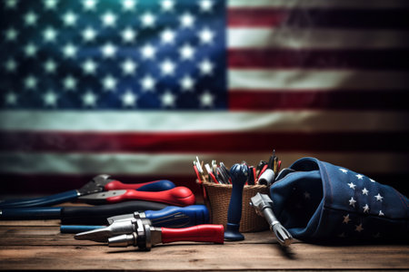 Set of tools on a wooden table against the background of the American flagの素材