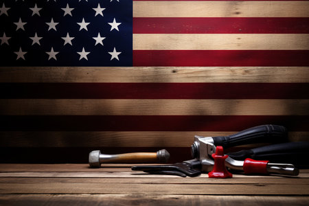 American flag and tools on wooden background. Labor day concept. Selective focus.の素材