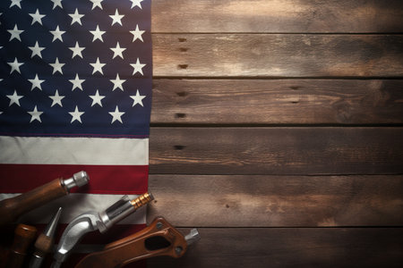 American flag with tools on wooden background. American labor day concept.の素材