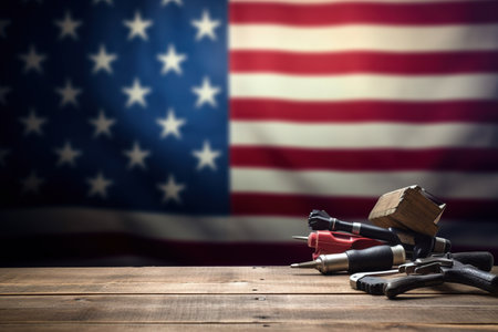 Carpentry tools on a wooden table against the background of the American flagの素材