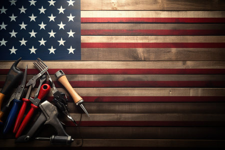 Variety of construction tools on USA flag background. Construction concept.の素材