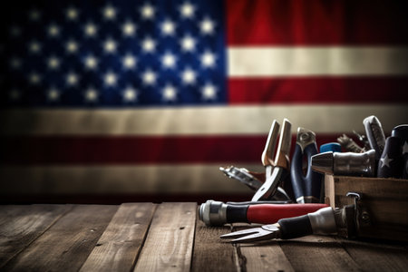 American construction tools on a wooden table against the background of the American flag.の素材