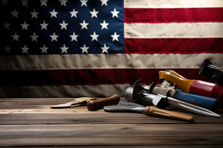 Hammer, nippers and pliers on a wooden table against the background of the American flag.の素材