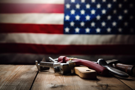 American flag and gun on a wooden background. Selective focus.の素材