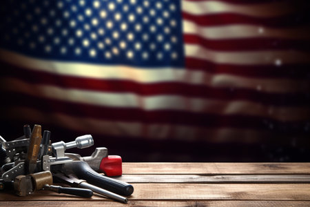 Labor Day concept. USA flag on wooden table and tools background.の素材