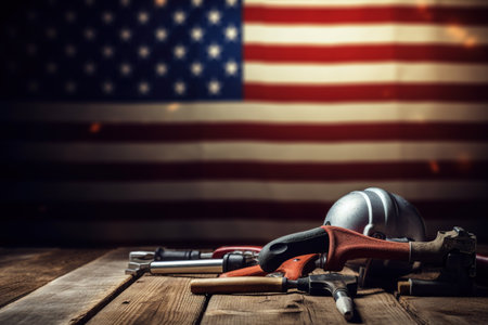 Handyman tools on a wooden table. American flag background.の素材
