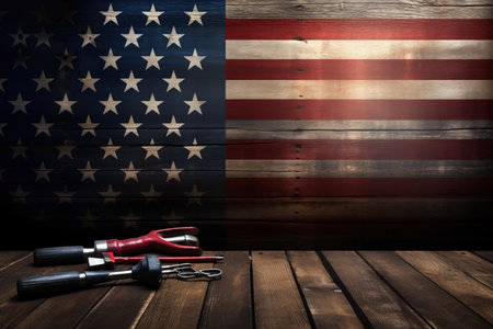 American flag and tools on wooden background. Labor day concept. Copy space.の素材