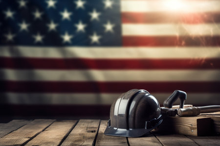 Helmet and hammer on wooden table with american flag background.の素材