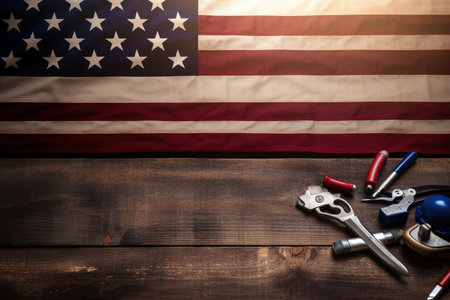 American flag and construction tools on wooden background. Labor day concept.の素材