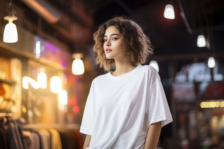 Portrait of a beautiful girl with curly hair in a white T-shirtの素材