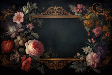 Vintage frame with flowers on dark background. Photo in old color image style.の素材