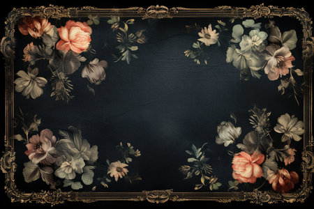 Vintage floral frame on black background. Grunge style.の素材