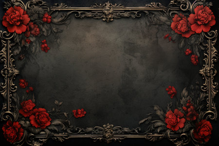 Vintage frame with red flowers on dark background. Copy space.の素材