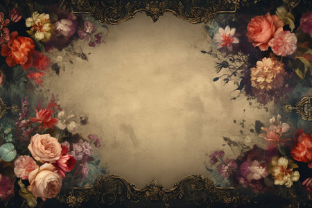 Grunge background with vintage frame and flowers. Copy space.の素材