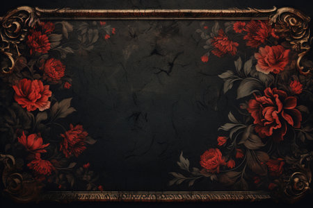 Vintage frame with red flowers on black background. Copy space.の素材