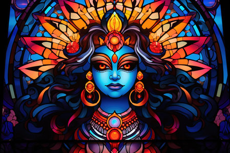 Illustration in stained glass style with a beautiful face of the goddess Durga on a blue backgroundの素材