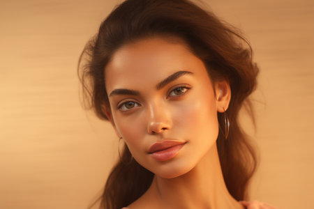 Portrait of beautiful young woman with makeup on beige background.の素材