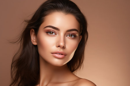 Beautiful young woman with clean fresh skin, natural make-up and manicure. Beauty face. Picture taken in the studio.の素材