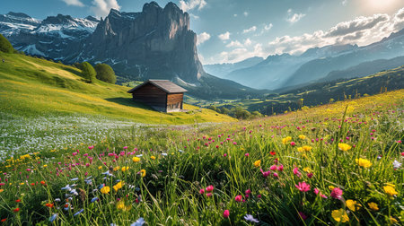 Alpine meadow with blooming flowers in the Dolomites, Italyの素材