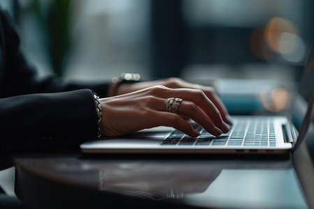 Close-up of female hands typing on laptop keyboard. Businesswoman working in office.の素材