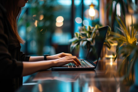 Cropped image of female hands typing on laptop keyboard in coffee shopの素材