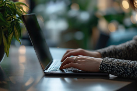 Business woman working on laptop at cafe. Close up of female hands typing on laptop keyboard.の素材