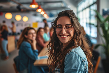 Portrait of a smiling girl in eyeglasses looking at camera in a cafeの素材
