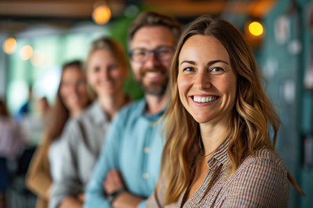 Portrait of smiling businesswoman with colleagues in background at creative officeの素材