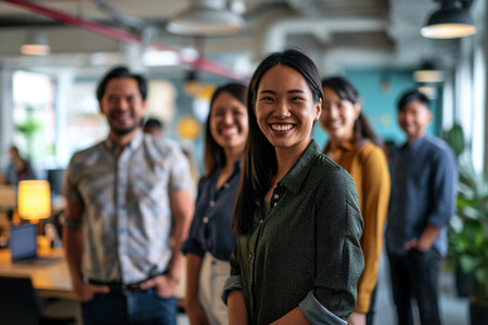 Portrait of smiling businesswoman standing with colleagues in background at officeの素材