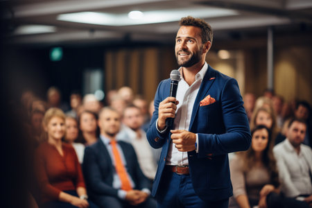 Portrait of a man in a business suit speaking into a microphoneの素材