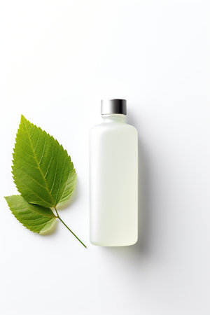 Mockup of cosmetic bottle with green leaf on white background.の素材