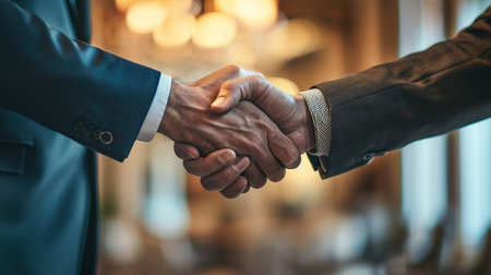 Close up of business people shaking hands in a modern office. Business concept.の素材