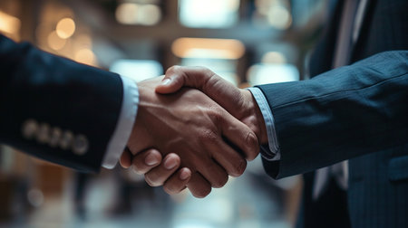 Close-up of two businessmen shaking hands in a modern office.の素材