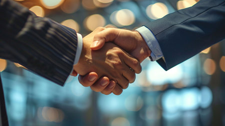Closeup of business people shaking hands in office. Shallow DOFの素材