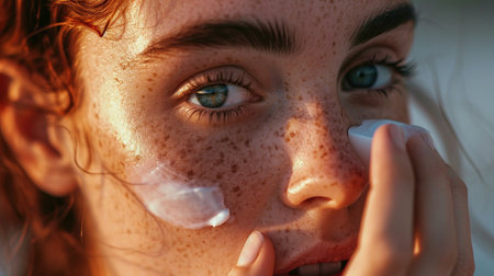 Close-up portrait of a beautiful red-haired girl with freckles on her face applying cream on her faceの素材