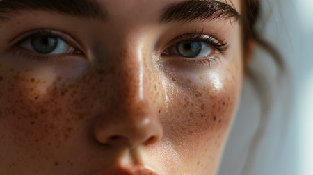 Close-up portrait of a beautiful girl with freckles on her faceの素材