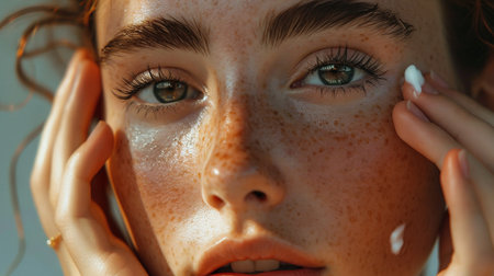 Close-up portrait of a beautiful girl with freckles on her faceの素材