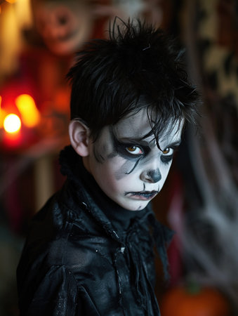 Portrait of boy in halloween costume, close-upの素材