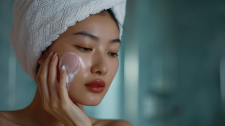 Beautiful asian woman applying cosmetic cream on face in bathroom.の素材