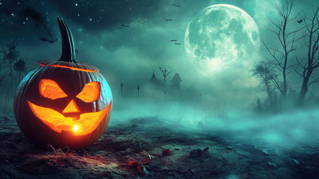 Halloween pumpkin in the forest at night with full moon. 3D renderingの素材
