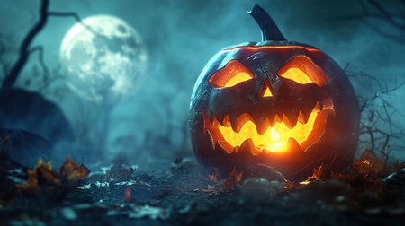 Halloween pumpkin head jack lantern on spooky spooky background. Halloween conceptの素材