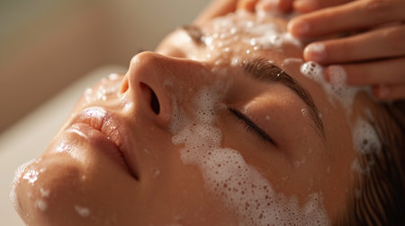 Close-up of a young woman in a beauty salon washing her faceの素材