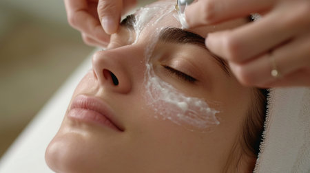 Beautiful young woman applying face cream in a beauty salon, close-upの素材