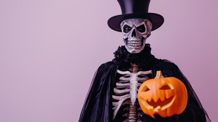 Scary skeleton in black cloak and hat with pumpkin on purple backgroundの素材