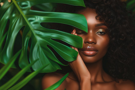 Beauty portrait of young african american woman with green leaves.の素材